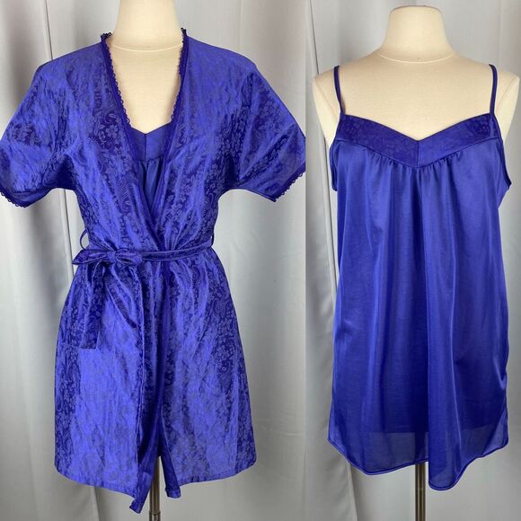 Vintage Lingerie Set Size Medium Purple Satin Robe Slip Nightgown Peignoir 80s - Picture 1 of 16